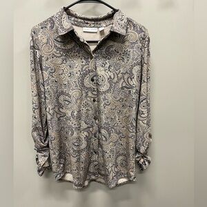 Susan Graver women’s Paisley Button Down Shirt - Black and Cream